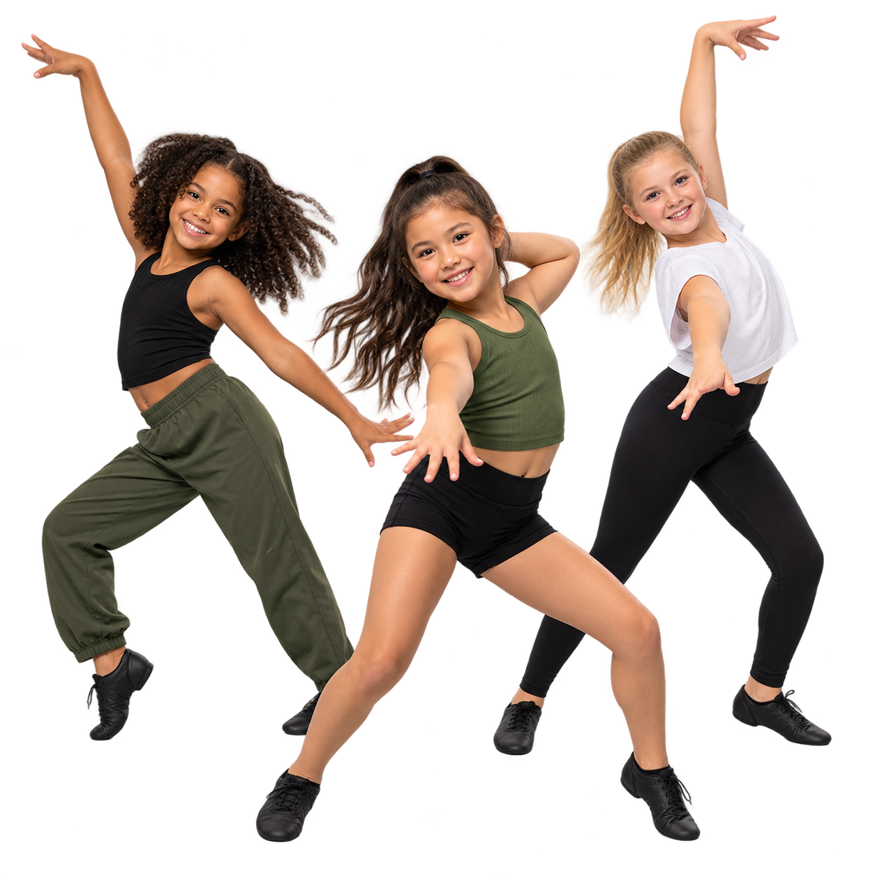 Youth dancers moving together in energetic jazz poses