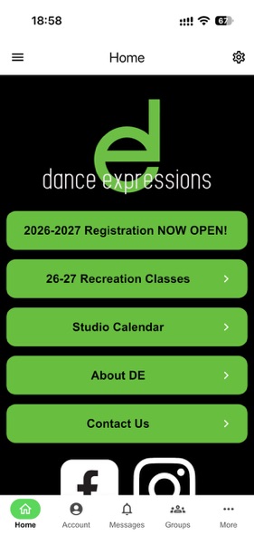 Dance Expressions app home screen with registration, classes, studio calendar and contact links